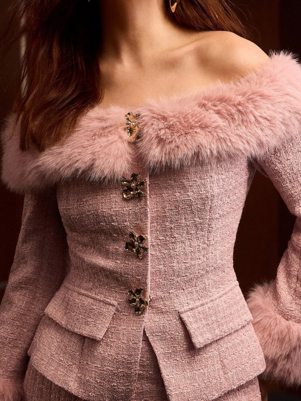 Pink Elegant Women's Faux Fur Off The Shoulder Jacket And Skirt Set